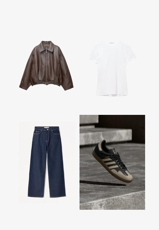 Brun kort jakke i imiteret læder med bred krave, lynlås foran, sidelommer og bælte i taljen. Glat tekstur, afslappet pasform.; Hvid kortærmet t-shirt lavet af glat stof, med rund halsudskæring og diskrete syninger ved kanten.; Mørkeblå brede jeans i denimstof med hvide syninger, har to frontlommer og en klassisk knaplukning.; Sort og beige lædersneaker med tre hvide striber, tanfarvet gummisål og gyldent "Samba"-detalje på siden.