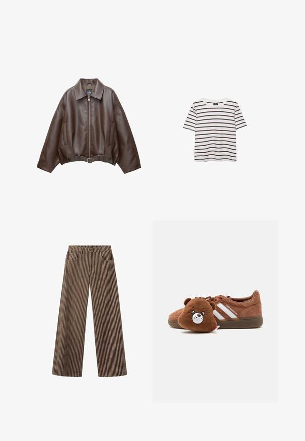 Veste courte en similicuir marron avec un large col, une fermeture éclair frontale, des poches latérales et une taille ceinturée. Texture lisse, coupe décontractée.; Chemise blanche à manches courtes avec des rayures horizontales brun foncé régulièrement espacées et un col rond, posée à plat sur un fond blanc.; Pantalon marron à jambes larges avec des fines rayures verticales blanches, poches avant, passants pour ceinture et fermeture par bouton à la taille.; Baskets Adidas marron texturées avec des rayures blanches et le texte « Care Bears », accompagnées d’une pochette en peluche à l’effigie de l’ours Care Bears.