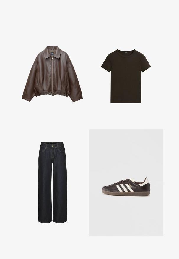 Bruine jack van imitatieleer, kort model, met een brede kraag, ritssluiting aan de voorkant, zijzakken en een tailleband met ceintuur. Gladde textuur, ontspannen pasvorm.; Donkerbruine t-shirt met korte mouwen en een ronde hals, met opgevouwen mouwranden, plat weergegeven op een witte achtergrond.; Donkerblauwe rechte jeans met voorzakken, riemlussen en gele contrasterende stiksels, weergegeven op een witte achtergrond.; Donkerbruine leren sneakers met een wit drie-strepen ontwerp, een rubberen zool en "Samba" in gouden letters aan de zijkant. Klassieke lage schoenvorm.