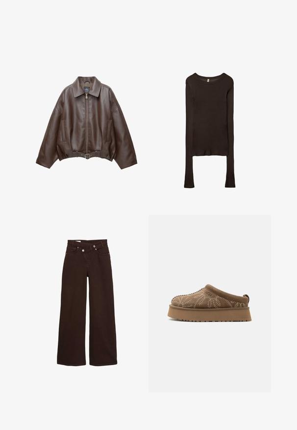 Veste courte en similicuir marron avec un large col, une fermeture éclair frontale, des poches latérales et une taille ceinturée. Texture lisse, coupe décontractée.; Haut ajusté à manches longues en tissu marron foncé. Encolure ronde, texture lisse et manches légèrement allongées sans poignets.; Jean taille haute, coupe large, couleur marron, avec fermeture éclair et bouton à l'avant, comprenant des poches avant et arrière.; Chaussure à enfiler en daim marron avec coutures décoratives crème, semelle épaisse et languette au talon, vue de profil sur un fond clair.