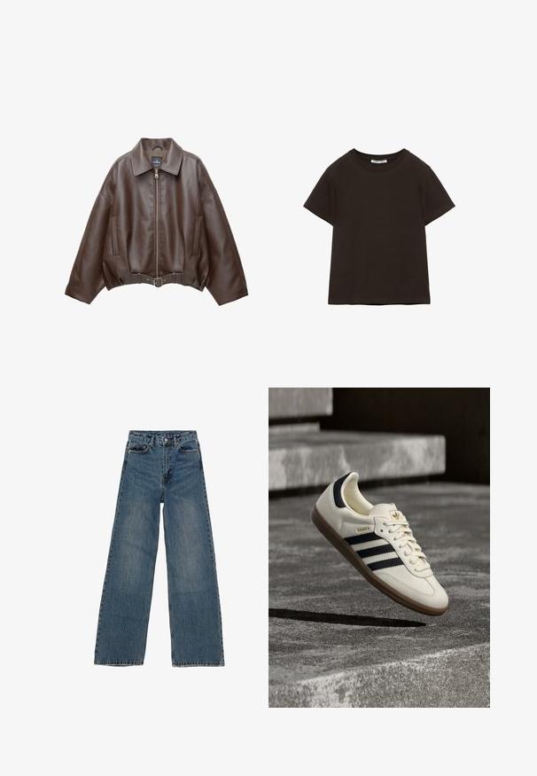 Brun kort jakke i imiteret læder med bred krave, lynlås foran, sidelommer og bælte i taljen. Glat tekstur, afslappet pasform.; Enkelt sort kortærmet T-shirt med rund hals lagt fladt med synlig mærkat i kraven.; Blå denim brede ben jeans med høj talje, fem lommer og kontraststing. Udsivninger og mindre slid synlige på stoffet.; Hvid Adidas Samba sneaker med sorte striber og gummsål, svævende over teksturerede grå betonstrin.