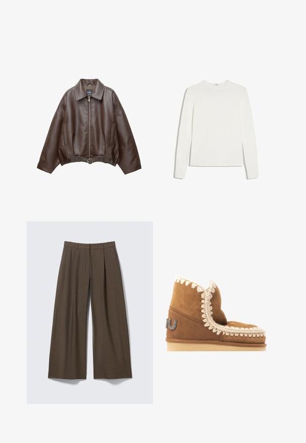 Bruine jack van imitatieleer, kort model, met een brede kraag, ritssluiting aan de voorkant, zijzakken en een tailleband met ceintuur. Gladde textuur, ontspannen pasvorm.; Effen wit shirt met lange mouwen en ronde hals, slim fit, plat gelegd op een witte achtergrond.; Bruine brede pijpen broek met krijtstreep, riemlussen en voorplooien, plat uitgestald op een lichtgrijze achtergrond.; Bruine suède enkellaars met een decoratieve crèmekleurige stiksel langs de bovenrand en een metalen logo-detail aan de buitenkant. Platte zool.