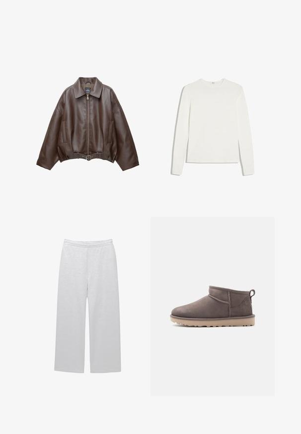 Veste courte en similicuir marron avec un large col, une fermeture éclair frontale, des poches latérales et une taille ceinturée. Texture lisse, coupe décontractée.; T-shirt blanc uni à manches longues avec col rond et coupe ajustée, posé à plat sur un fond blanc.; Pantalons blancs à jambes larges en tissu doux avec une taille élastique et deux poches latérales ; texture lisse et détails minimaux.; Chaussure basse en daim marron, modèle slip-on, avec semelle texturée et languette d'aide au chaussage, sur un fond uni.