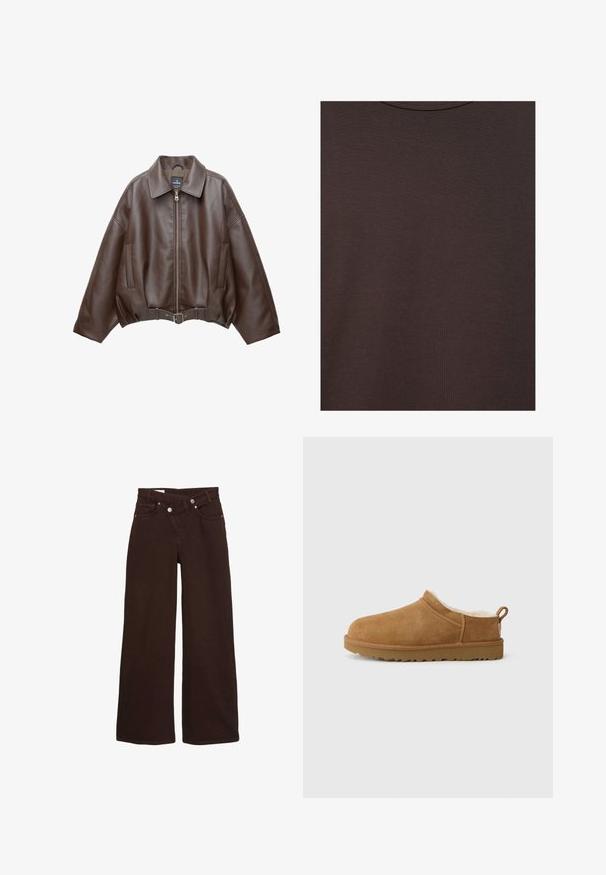 Veste courte en similicuir marron avec un large col, une fermeture éclair frontale, des poches latérales et une taille ceinturée. Texture lisse, coupe décontractée.; T-shirt col rond marron foncé en tissu tricoté doux avec une fine texture côtelée.; Jean taille haute, coupe large, couleur marron, avec fermeture éclair et bouton à l'avant, comprenant des poches avant et arrière.; Chaussure mocassin en suède marron avec une douillette doublure en fourrure blanche, semelle plate en caoutchouc, bout arrondi et petite languette au talon.