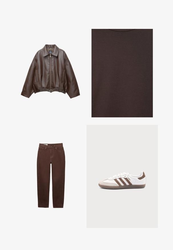 Bruine jack van imitatieleer, kort model, met een brede kraag, ritssluiting aan de voorkant, zijzakken en een tailleband met ceintuur. Gladde textuur, ontspannen pasvorm.; Donkerbruine t-shirt met ronde hals van zachte gebreide stof met fijne ribstructuur.; Bruine jeans met rechte pijpen, voorzien van een voorste knoop- en ritsluiting, en een ontwerp met vijf zakken op een witte achtergrond.; Witte Adidas Samba sneaker met bruine suède strepen, bruine rubberen zool en beige suède neuskap, getoond vanaf de buitenkant op een effen achtergrond.
