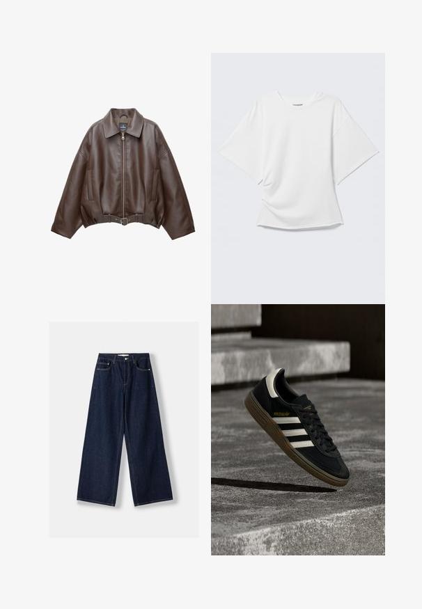 Braune, kurz geschnittene Jacke aus Kunstleder mit weitem Kragen, vorderem Reißverschluss, Seitentaschen und einem Taillengürtel. Glatte Textur, entspannte Passform.; Weißes kurzärmeliges Oversized T-Shirt mit Rundhalsausschnitt, dargestellt vor hellem grauem Hintergrund.; Dunkelblaue Jeans mit weitem Bein, vorderer Knopf- und Reißverschluss, vorderen Taschen und Gürtelschlaufen, flach auf weißem Hintergrund ausgelegt.; Schwarzer Adidas-Sneaker mit weißen Streifen und Gummisohle schwebt über grauen Betonstufen im natürlichen Licht.