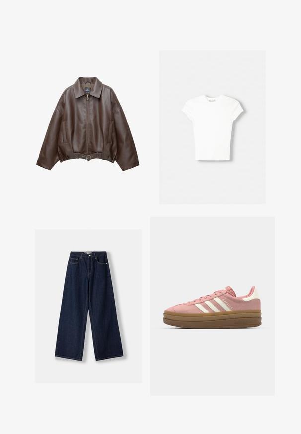 Bruine jack van imitatieleer, kort model, met een brede kraag, ritssluiting aan de voorkant, zijzakken en een tailleband met ceintuur. Gladde textuur, ontspannen pasvorm.; Witte t-shirt met korte mouwen van zachte katoen, met een ronde halslijn en een getailleerde vorm. Geen zichtbare patronen of versieringen.; Donkerblauwe jeans met wijde pijpen, vooraan knoop- en ritssluiting, voorzakken en ceintuurlussen, plat neergelegd op een witte achtergrond.; adidas Originals GAZELLE BOLD - Sneakers laag - mauve/off white