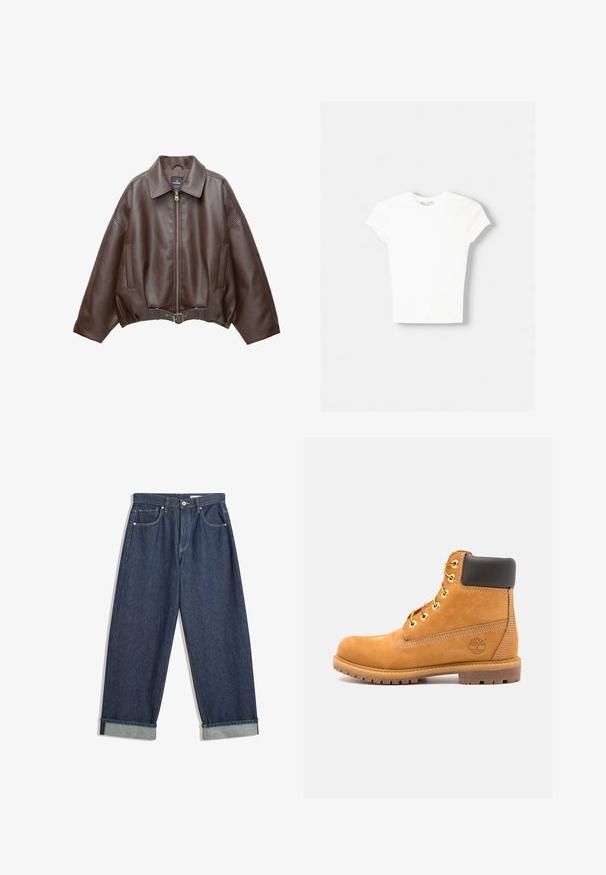 Veste courte en similicuir marron avec un large col, une fermeture éclair frontale, des poches latérales et une taille ceinturée. Texture lisse, coupe décontractée.; T-shirt blanc à manches courtes en coton doux, avec un col rond et une coupe ajustée. Pas de motifs ni d'ornements visibles.; Jean en denim bleu foncé à jambes larges avec des ourlets repliés, bouton et fermeture éclair à l'avant, passants de ceinture et cinq poches.; Bottine en cuir marron avec rembourrage noir, œillets dorés et semelle texturée. Présente un logo circulaire sur le côté et des accents de couture.