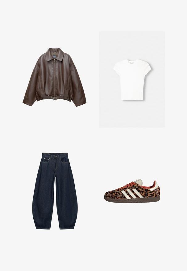Veste courte en similicuir marron avec un large col, une fermeture éclair frontale, des poches latérales et une taille ceinturée. Texture lisse, coupe décontractée.; T-shirt blanc à manches courtes en coton doux, avec un col rond et une coupe ajustée. Pas de motifs ni d'ornements visibles.; Jean en denim bleu foncé à jambes larges avec poches avant, passants de ceinture et fermeture par bouton à la taille.; Baskets en imprimé léopard avec un matériau en suède, lacets rouges et trois rayures blanches sur le côté. Présente une languette de couleur crème et une semelle marron.