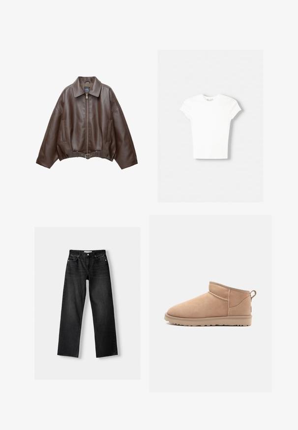 Veste courte en similicuir marron avec un large col, une fermeture éclair frontale, des poches latérales et une taille ceinturée. Texture lisse, coupe décontractée.; T-shirt blanc à manches courtes en coton doux, avec un col rond et une coupe ajustée. Pas de motifs ni d'ornements visibles.; Bershka Jean droit - mottled dark grey; Botte de cheville en daim beige avec un bout arrondi, une texture douce, un design simple et une semelle en caoutchouc à profil bas. Dispose d'une languette à l'arrière.