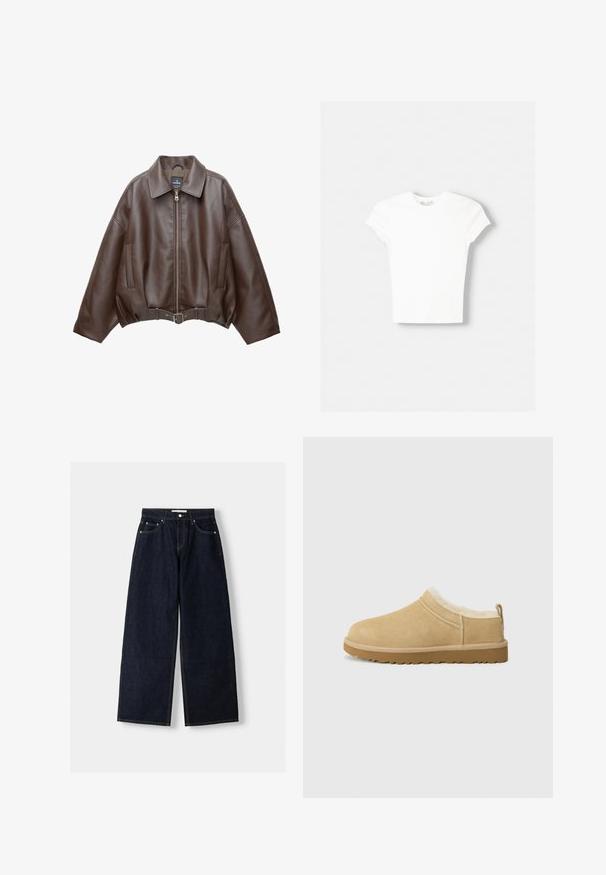 Veste courte en similicuir marron avec un large col, une fermeture éclair frontale, des poches latérales et une taille ceinturée. Texture lisse, coupe décontractée.; T-shirt blanc à manches courtes en coton doux, avec un col rond et une coupe ajustée. Pas de motifs ni d'ornements visibles.; Jean large en denim bleu foncé à taille haute, avec cinq poches, des coutures contrastées et des éléments en métal argenté. Texture lisse et finition soignée.; Chaussure en daim à enfiler de couleur beige clair, dotée d'une douce doublure en fourrure et d'une semelle en caoutchouc texturé avec un léger talon et une sangle à l'arrière pour un enfilage facile.