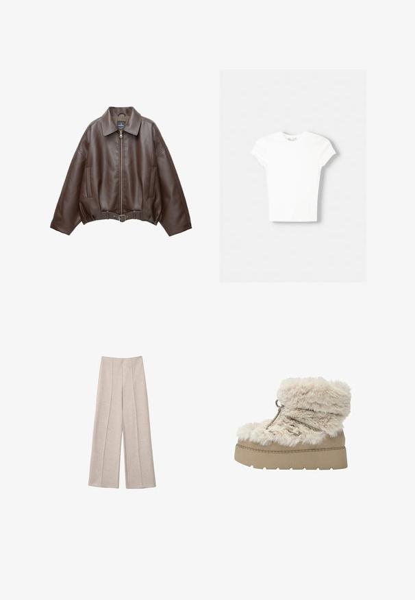 Veste courte en similicuir marron avec un large col, une fermeture éclair frontale, des poches latérales et une taille ceinturée. Texture lisse, coupe décontractée.; T-shirt blanc à manches courtes en coton doux, avec un col rond et une coupe ajustée. Pas de motifs ni d'ornements visibles.; Pantalons larges beiges en tissu doux, avec des plis avant marqués et une taille haute cintrée, sans poches visibles.; Botte d'hiver beige avec une semelle plateforme épaisse et une doublure en fausse fourrure douce, avec des lacets et un revers en fourrure.