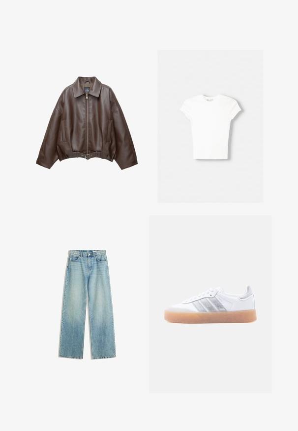 Braune, kurz geschnittene Jacke aus Kunstleder mit weitem Kragen, vorderem Reißverschluss, Seitentaschen und einem Taillengürtel. Glatte Textur, entspannte Passform.; Weißes kurzärmliges T-Shirt aus weicher Baumwolle, mit Rundhalsausschnitt und figurbetonter Form. Keine sichtbaren Muster oder Verzierungen.; Helle blaue Jeans mit weitem Bein, mittelhoher Taille, Fünf-Taschen-Design, kontrastierenden Nähten und minimalem Verblassen für einen klassischen Look.; Weißer Sneaker in niedrigem Schnitt mit brauner Sohle, seitlichen silbernen Streifenakzenten und Schnürverschluss, dargestellt vor hellem einfarbigem Hintergrund.