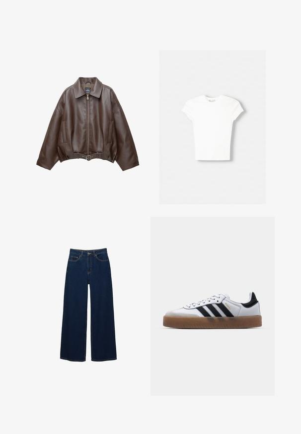 Bruine jack van imitatieleer, kort model, met een brede kraag, ritssluiting aan de voorkant, zijzakken en een tailleband met ceintuur. Gladde textuur, ontspannen pasvorm.; Witte t-shirt met korte mouwen van zachte katoen, met een ronde halslijn en een getailleerde vorm. Geen zichtbare patronen of versieringen.; Donkerblauwe jeans met brede pijpen van spijkerstof; voorzien van voorzakken en een knoopsluiting; opvallende stiksels langs de naden; geen patronen of versieringen.; Witte leren sneakers met zwarte strepen, gumrubberen buitenzool, ronde neus, vetersluiting en een zachte grijze suède neuskap.
