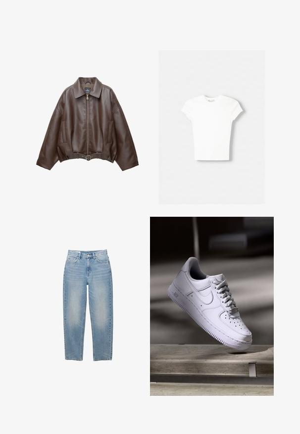 Bruine jack van imitatieleer, kort model, met een brede kraag, ritssluiting aan de voorkant, zijzakken en een tailleband met ceintuur. Gladde textuur, ontspannen pasvorm.; Witte t-shirt met korte mouwen van zachte katoen, met een ronde halslijn en een getailleerde vorm. Geen zichtbare patronen of versieringen.; Lichtblauwe denim jeans met rechte pijpen, voorzien van een knoopsluiting aan de voorkant, rits en vijf zakken, afgebeeld tegen een witte achtergrond.; Witte Nike Air Force 1 sneaker die zweeft boven een betonnen oppervlak met schaduwen in een minimalistische setting.