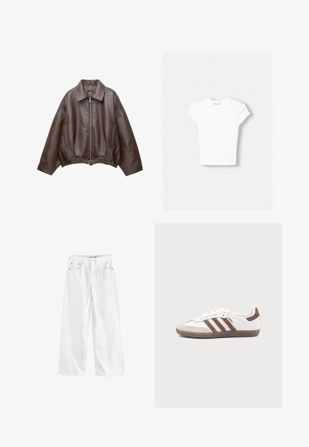 Bruine jack van imitatieleer, kort model, met een brede kraag, ritssluiting aan de voorkant, zijzakken en een tailleband met ceintuur. Gladde textuur, ontspannen pasvorm.; Witte t-shirt met korte mouwen van zachte katoen, met een ronde halslijn en een getailleerde vorm. Geen zichtbare patronen of versieringen.; Witte denim broek met brede pijpen, een hoge taille, twee voorzakken en subtiele goudkleurige accenten. Soepele textuur, casual ontwerp.; Witte Adidas Samba sneaker met bruine suède strepen, bruine rubberen zool en beige suède neuskap, getoond vanaf de buitenkant op een effen achtergrond.
