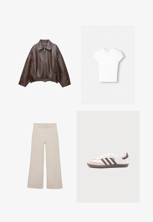 Veste courte en similicuir marron avec un large col, une fermeture éclair frontale, des poches latérales et une taille ceinturée. Texture lisse, coupe décontractée.; T-shirt blanc à manches courtes en coton doux, avec un col rond et une coupe ajustée. Pas de motifs ni d'ornements visibles.; Jeans beige à jambes larges avec taille haute, en tissu denim. Présente un ourlet brut en bas et une fermeture à boutons et à glissière à l'avant.; Baskets Adidas Samba blanches avec des bandes en daim marron, semelle en caoutchouc marron et bout en daim beige, vues du côté extérieur sur un fond uni.