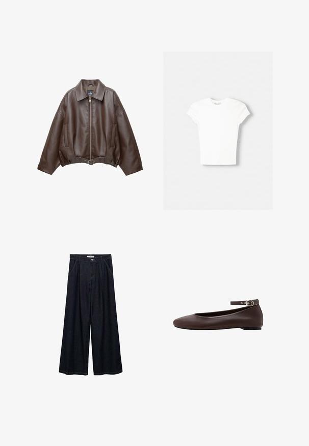 Braune, kurz geschnittene Jacke aus Kunstleder mit weitem Kragen, vorderem Reißverschluss, Seitentaschen und einem Taillengürtel. Glatte Textur, entspannte Passform.; Weißes kurzärmliges T-Shirt aus weicher Baumwolle, mit Rundhalsausschnitt und figurbetonter Form. Keine sichtbaren Muster oder Verzierungen.; Dunkelblaue, weite High-Waist-Hosen aus Denim mit einem Knopfverschluss vorne, zwei Seitentaschen und Nähdetails.; Dunkelbrauner flacher Schuh mit abgerundeter Spitze und verstellbarem Knöchelriemen mit silberner Schnalle auf weißem Hintergrund.