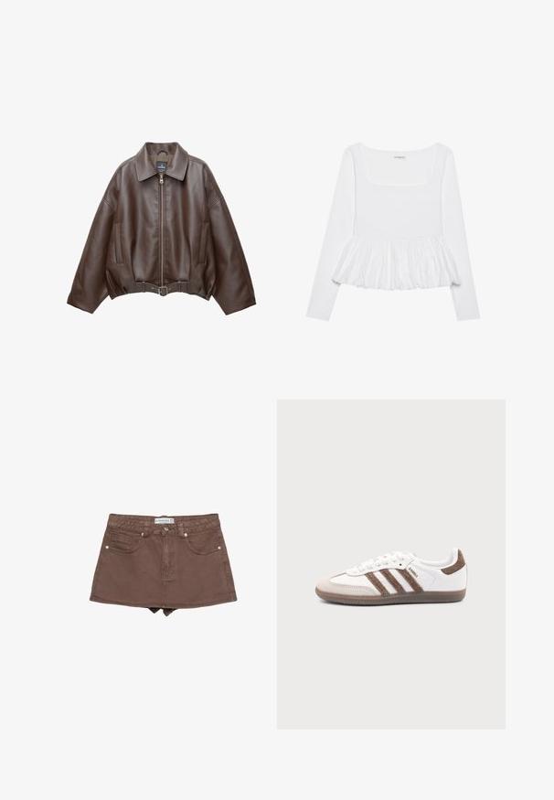Veste courte en similicuir marron avec un large col, une fermeture éclair frontale, des poches latérales et une taille ceinturée. Texture lisse, coupe décontractée.; Haut blanc à manches longues avec un décolleté carré, doté d'un ourlet peplum froncé en tissu texturé. Étiquettes visibles au niveau du cou.; Jupe en denim marron mini avec une taille ajustée, un design à cinq poches, une fermeture à bouton à l'avant et une longueur juste au-dessus de la cuisse.; Baskets Adidas Samba blanches avec des bandes en daim marron, semelle en caoutchouc marron et bout en daim beige, vues du côté extérieur sur un fond uni.
