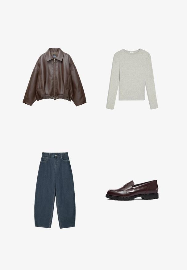 Brun kort jakke i imiteret læder med bred krave, lynlås foran, sidelommer og bælte i taljen. Glat tekstur, afslappet pasform.; Lysegrå langærmet crewneck-trøje med slim fit og uden synlige mønstre eller logoer, lagt fladt på en hvid baggrund.; Mørkeblå denim buede bukser med høj talje, som har fem lommer og synlige stingdetaljer. Ren, minimalistik design.; Timberland Loafers - burgundy