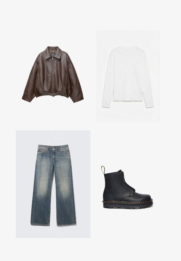 Braune, kurz geschnittene Jacke aus Kunstleder mit weitem Kragen, vorderem Reißverschluss, Seitentaschen und einem Taillengürtel. Glatte Textur, entspannte Passform.; Schlichtes weißes Langarm-T-Shirt mit Rundhalsausschnitt, flach auf einer weißen Oberfläche liegend, Vorderseite und gesamte Ärmellänge sichtbar.; Hellblaue Jeans mit weitem Bein aus Denim. Verwaschene Bereiche an Oberschenkeln und Knien. Standardbund mit fünf Taschen und Metallakzenten.; Schwarze Leder-Stiefelette mit elastischen seitlichen Einsätzen, runder Zehenform, kontrastierenden gelben Nähten und einer robusten Gummisohle.