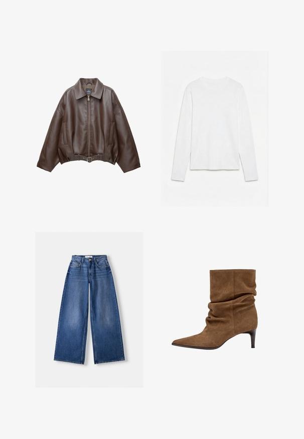 Veste courte en similicuir marron avec un large col, une fermeture éclair frontale, des poches latérales et une taille ceinturée. Texture lisse, coupe décontractée.; T-shirt blanc uni à manches longues et col rond, posé à plat sur une surface blanche, montrant l'avant et la longueur complète des manches.; Jeans en denim bleu à jambes larges avec poches avant, passants de ceinture et fermeture par bouton, posés à plat sur un fond clair.; Botte mi-mollet en daim marron avec tige froissée, bout pointu, et talon moyen fin sur fond blanc.