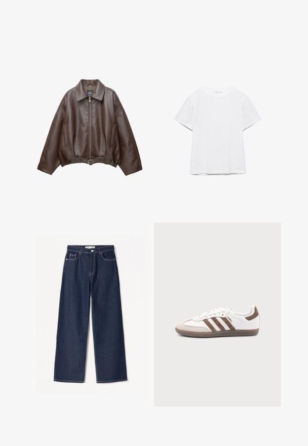 Bruine jack van imitatieleer, kort model, met een brede kraag, ritssluiting aan de voorkant, zijzakken en een tailleband met ceintuur. Gladde textuur, ontspannen pasvorm.; Effen wit T-shirt met korte mouwen en ronde hals, met een rechte zoom, gepresenteerd tegen een witte achtergrond.; Donkerblauwe wijdvallende jeans van denimstof met witte stiksels, heeft twee zijzakken en een klassieke knoopsluiting.; Witte Adidas Samba sneaker met bruine suède strepen, bruine rubberen zool en beige suède neuskap, getoond vanaf de buitenkant op een effen achtergrond.