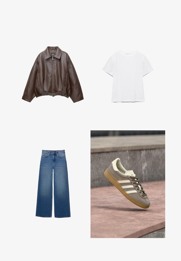 Brun kort jakke i imiteret læder med bred krave, lynlås foran, sidelommer og bælte i taljen. Glat tekstur, afslappet pasform.; Hvid, kortærmet T-shirt med rund hals og lige kant, vist på en hvid baggrund.; Vidde-ben denimjeans i en mellemblå vask, med høj talje, fem-lomme design og syningsdetaljer langs sømmene.; Lysebrun ruskinds Adidas-sneaker med hvide striber og gummisål, svævende over lyserøde stentrapper udendørs.