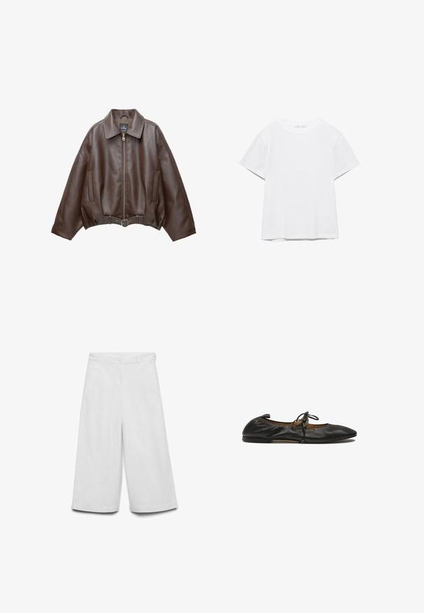 Veste courte en similicuir marron avec un large col, une fermeture éclair frontale, des poches latérales et une taille ceinturée. Texture lisse, coupe décontractée.; T-shirt blanc uni à manches courtes et col rond, avec un ourlet droit, présenté sur un fond blanc.; Pantalon blanc à jambes larges en coton. Il comprend une fermeture à bouton et à glissière, deux poches avant, et une texture lisse.; Ballerines en cuir noir avec un bout pointu, un bord élastique froncé et un détail de nœud à l'avant. Texture lisse, design minimaliste.