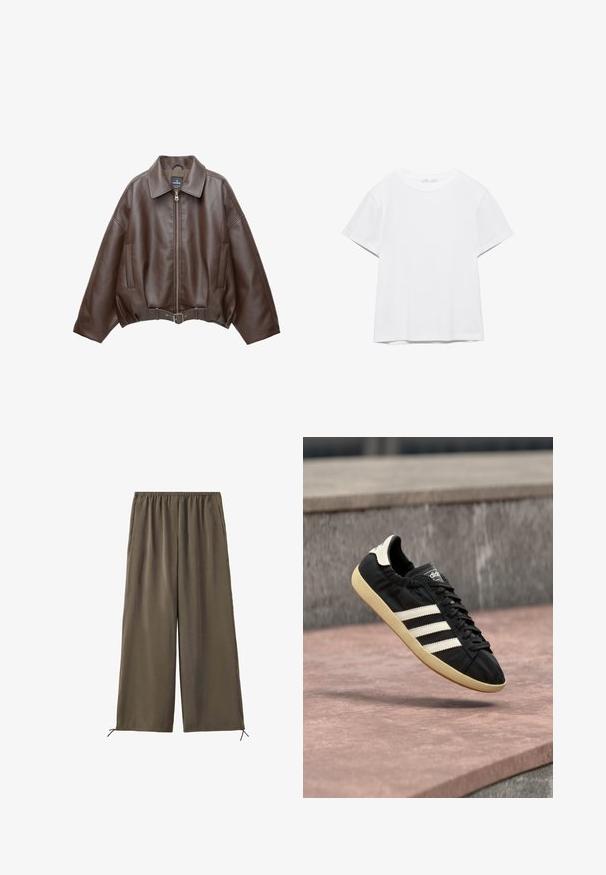 Veste courte en similicuir marron avec un large col, une fermeture éclair frontale, des poches latérales et une taille ceinturée. Texture lisse, coupe décontractée.; T-shirt blanc uni à manches courtes et col rond, avec un ourlet droit, présenté sur un fond blanc.; Pantalon vert olive ample avec taille élastique et cordons au bas, présenté à plat sur fond blanc.; Baskets Adidas noires avec des bandes blanches et une semelle beige, capturées en plein air au-dessus d'une surface en pierre et d'un mur en pierre en arrière-plan.