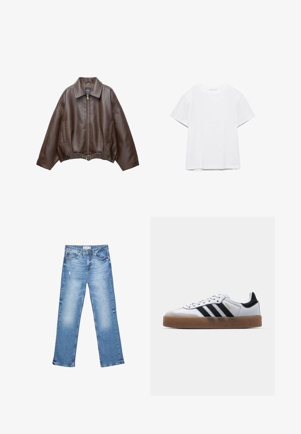 Braune, kurz geschnittene Jacke aus Kunstleder mit weitem Kragen, vorderem Reißverschluss, Seitentaschen und einem Taillengürtel. Glatte Textur, entspannte Passform.; Unifarbenes weißes T-Shirt mit kurzen Ärmeln und Rundhalsausschnitt, gerader Saum, dargestellt auf weißem Hintergrund.; Hellblaue Jeans aus Denim, mit geradem Bein, ausgewaschenen Stellen und subtilen Abnutzungen. Verfügt über fünf Taschen und einen klassischen Knopfverschluss.; Weiße Leder Sneakers mit schwarzen Streifen, Gummigummi-Außensohle, runder Zehenform, Schnürverschluss und weichem grauem Wildleder-Zehenkappe.