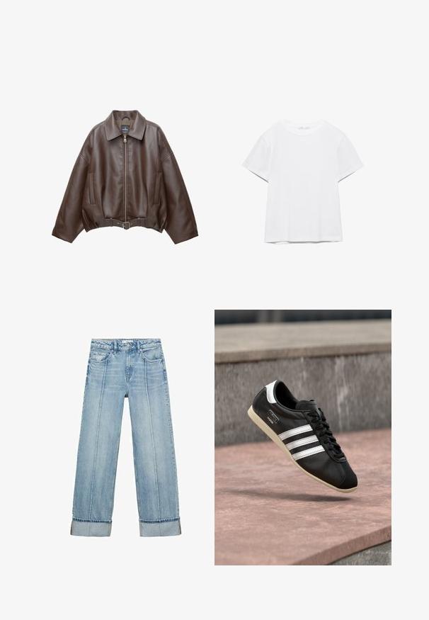 Bruine jack van imitatieleer, kort model, met een brede kraag, ritssluiting aan de voorkant, zijzakken en een tailleband met ceintuur. Gladde textuur, ontspannen pasvorm.; Effen wit T-shirt met korte mouwen en ronde hals, met een rechte zoom, gepresenteerd tegen een witte achtergrond.; Lichtblauwe denim wijde jeans met een hoge taille, voorzien van vijf zakken, zichtbare stiksels en opgerolde zomen bij de manchetten.; Zwarte leren sneaker met witte strepen en zool, veters gestrikt, zwevend boven een rozeachtig betonnen oppervlak met een grijze stenen muur op de achtergrond.