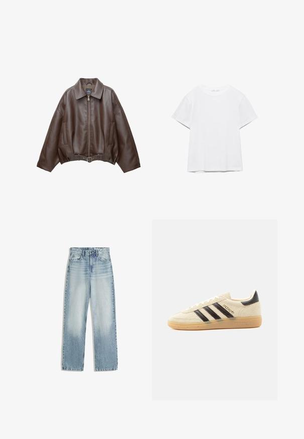 Bruine jack van imitatieleer, kort model, met een brede kraag, ritssluiting aan de voorkant, zijzakken en een tailleband met ceintuur. Gladde textuur, ontspannen pasvorm.; Effen wit T-shirt met korte mouwen en ronde hals, met een rechte zoom, gepresenteerd tegen een witte achtergrond.; Lichtblauwe denim jeans, hoog in de taille, met een recht model. Bevat klassieke vijf-pocket styling en subtiele vervaging aan de voorkant.; Crèmekleurige suède sneaker met zwarte strepen, rubberen zool, zwart hieltabje en gouden "SPEZIAL" tekst aan de zijkant.