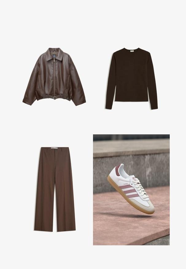Veste courte en similicuir marron avec un large col, une fermeture éclair frontale, des poches latérales et une taille ceinturée. Texture lisse, coupe décontractée.; T-shirt à manches longues brun foncé, col rond, design uni, posé à plat sur fond blanc.; Pantalons larges marron avec une texture lisse, des plis à l'avant, une fermeture à bouton et deux poches latérales. Conçus pour le confort et la polyvalence.; Baskets blanches et roses Adidas Samba avec semelle en gomme flottant au-dessus d'une surface en pierre et un mur en pierre flou en arrière-plan.