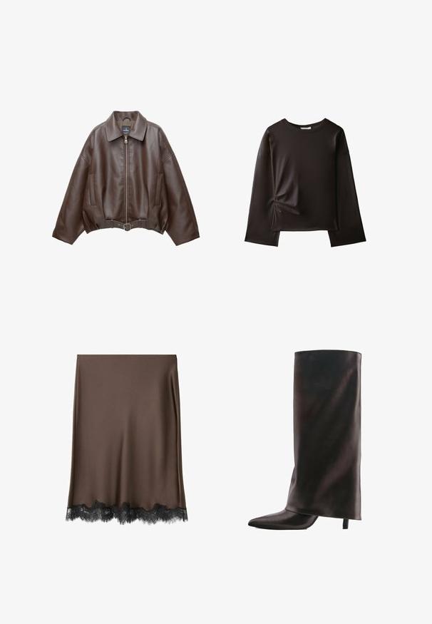 Veste courte en similicuir marron avec un large col, une fermeture éclair frontale, des poches latérales et une taille ceinturée. Texture lisse, coupe décontractée.; Chemise noire à manches longues avec un col rond et un petit détail froncé sur le côté gauche près de la taille.; Jupe en satin marron avec un bord en dentelle noire à l'ourlet. Le tissu est lisse et la coupe est droite, longueur jusqu'au genou.; Botte haute noire en cuir avec un bout pointu et un talon fin de hauteur moyenne sur fond blanc.