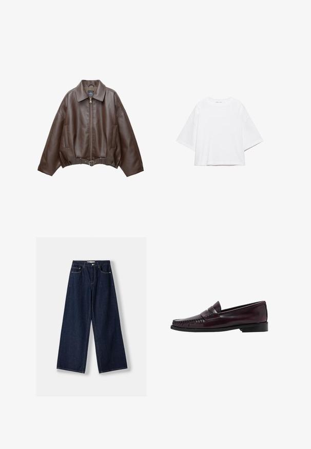 Bruine jack van imitatieleer, kort model, met een brede kraag, ritssluiting aan de voorkant, zijzakken en een tailleband met ceintuur. Gladde textuur, ontspannen pasvorm.; Wit, kort mouw, boxy t-shirt gemaakt van zacht katoen. Heeft een ronde hals en brede mouwen, met een strak, eenvoudig ontwerp.; Donkerblauwe jeans met wijde pijpen, vooraan knoop- en ritssluiting, voorzakken en ceintuurlussen, plat neergelegd op een witte achtergrond.; Donkerbruine leren penny loafer voor mannen met een zwarte zool en stiksels langs de neus, weergegeven in zijprofiel.