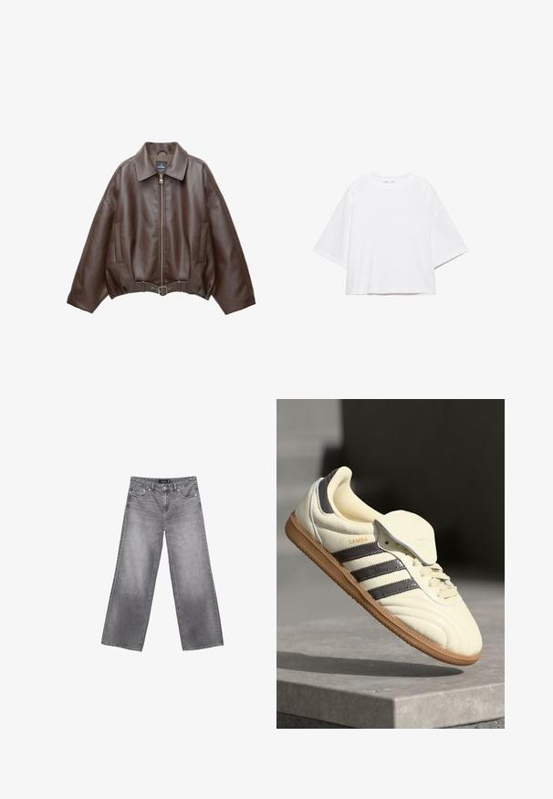 Bruine jack van imitatieleer, kort model, met een brede kraag, ritssluiting aan de voorkant, zijzakken en een tailleband met ceintuur. Gladde textuur, ontspannen pasvorm.; Wit, kort mouw, boxy t-shirt gemaakt van zacht katoen. Heeft een ronde hals en brede mouwen, met een strak, eenvoudig ontwerp.; Grijze wijde denim jeans met voorzakken, riemlussen en knoopsluiting, plat weergegeven op een witte achtergrond.; Crème leren sneaker met drie donkere strepen, een bruine gumrubberen zool en een ronde neus. Voorzien van een opvouwbare tong met het label "SAMBA."