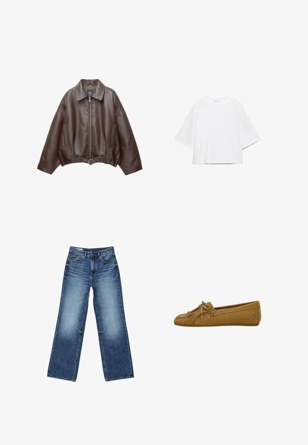 Veste courte en similicuir marron avec un large col, une fermeture éclair frontale, des poches latérales et une taille ceinturée. Texture lisse, coupe décontractée.; T-shirt blanc à manches courtes, coupe carrée, en coton doux. Présente un col rond et des manches larges, avec un design épuré et simple.; Jean denim bleu à jambes larges avec poches avant et poche monnaie, fermeture à boutons, et lavage délavé sur les cuisses et les genoux.; Mocassin avec mocassin en daim marron, orné de pampilles et de coutures décoratives, semelle plate et petit logo en métal sur le côté du talon.