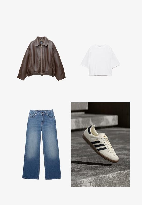 Bruine jack van imitatieleer, kort model, met een brede kraag, ritssluiting aan de voorkant, zijzakken en een tailleband met ceintuur. Gladde textuur, ontspannen pasvorm.; Wit, kort mouw, boxy t-shirt gemaakt van zacht katoen. Heeft een ronde hals en brede mouwen, met een strak, eenvoudig ontwerp.; Blauwe denim wijde broek met voorste knoop en ritssluiting, voorzien van voor- en achterzakken en lichte slijtage op de dijen.; Witte Adidas Samba sneaker met zwarte strepen en gumzool, zwevend boven gestructureerde grijze betonnen treden.