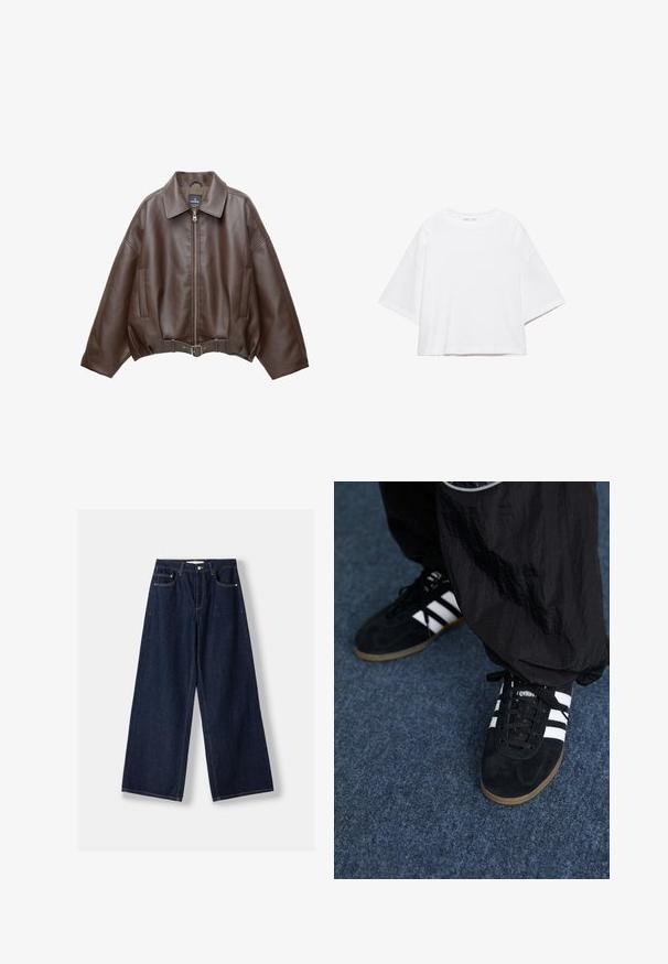 Braune, kurz geschnittene Jacke aus Kunstleder mit weitem Kragen, vorderem Reißverschluss, Seitentaschen und einem Taillengürtel. Glatte Textur, entspannte Passform.; Weißes, kurzärmeliges, kastiges T-Shirt aus weicher Baumwolle. Es verfügt über einen Rundhalsausschnitt und breite Ärmel mit einem klaren, schlichten Design.; Dunkelblaue Jeans mit weitem Bein, vorderer Knopf- und Reißverschluss, vorderen Taschen und Gürtelschlaufen, flach auf weißem Hintergrund ausgelegt.; Schwarze Wildleder-Sportschuhe mit drei weißen Streifen und schwarzen Schnürsenkeln. Eine strukturierte schwarze Hose ist teilweise neben den Schuhen sichtbar.