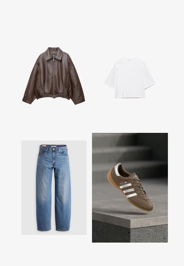 Bruine jack van imitatieleer, kort model, met een brede kraag, ritssluiting aan de voorkant, zijzakken en een tailleband met ceintuur. Gladde textuur, ontspannen pasvorm.; Wit, kort mouw, boxy t-shirt gemaakt van zacht katoen. Heeft een ronde hals en brede mouwen, met een strak, eenvoudig ontwerp.; Lichtblauwe rechte spijkerbroek van denim. Bevat een klassiek vijf-pocket ontwerp en subtiele vervaging langs de benen.; Bruine suède sneaker met witte strepen en zilveren accenten, voorzien van een getextureerde bovenkant, vetersluiting en een zool van gumrubber.