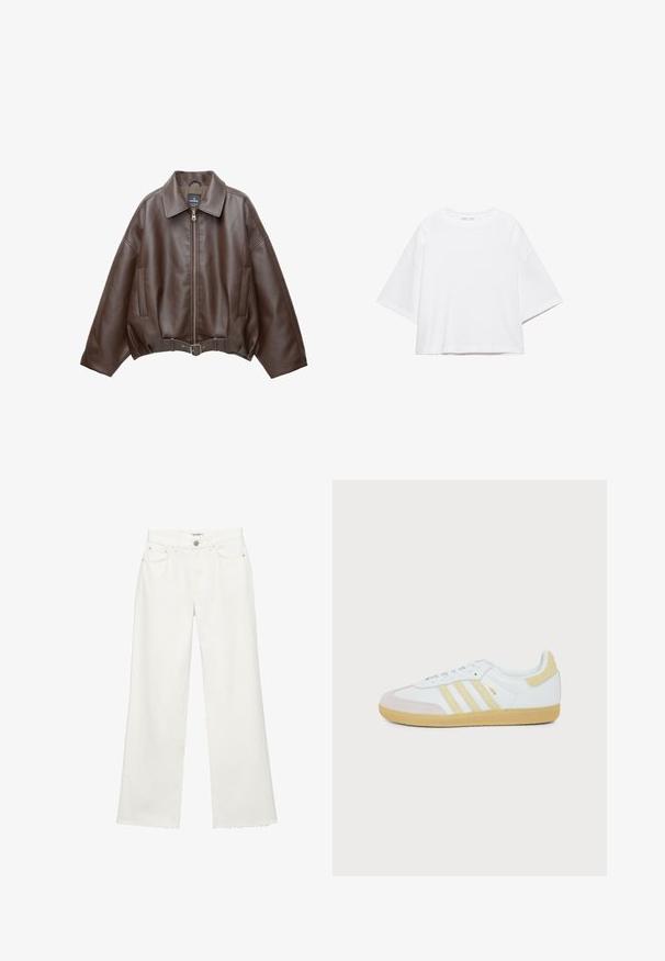 Veste courte en similicuir marron avec un large col, une fermeture éclair frontale, des poches latérales et une taille ceinturée. Texture lisse, coupe décontractée.; T-shirt blanc à manches courtes, coupe carrée, en coton doux. Présente un col rond et des manches larges, avec un design épuré et simple.; Pantalon en jean blanc à jambe large avec poches avant, passants de ceinture, fermeture par bouton et ourlets bruts.; Baskets blanches Adidas Samba avec des accents en daim beige, trois bandes texturées et une semelle en gomme, vues de côté sur fond blanc.