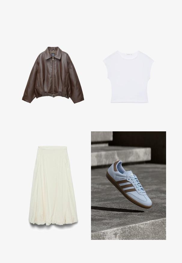 Veste courte en similicuir marron avec un large col, une fermeture éclair frontale, des poches latérales et une taille ceinturée. Texture lisse, coupe décontractée.; T-shirt court blanc à manches courtes avec col rond, en tissu lisse, posé à plat sur un fond blanc.; Jupe midi écrue taille haute à ourlet ballon avec tissu subtilement texturé et plis souples.; Baskets bleu clair avec accents en daim marron, présentant trois bandes latérales, des lacets plats et une semelle en gomme texturée. Logo de la marque sur la languette.