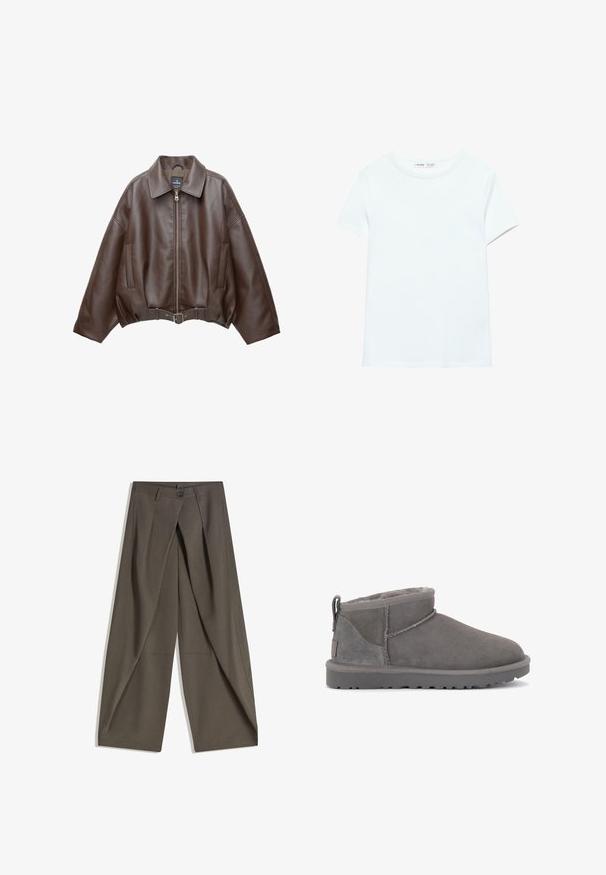 Bruine jack van imitatieleer, kort model, met een brede kraag, ritssluiting aan de voorkant, zijzakken en een tailleband met ceintuur. Gladde textuur, ontspannen pasvorm.; Effen wit katoenen T-shirt met korte mouwen en een ronde hals, plat gelegd op een witte achtergrond, zonder zichtbare patronen of logo's.; Wijdvallende broek gemaakt van een gestructureerde, donkergrijze stof. Heeft een voorplooien, een knopenluiting en zijzakken voor praktische doeleinden.; Grijze suède enkelboots met een zachte binnenvoering, minimale stitching en een gegoten rubberen zool. Voorzien van een trekband aan de achterkant.