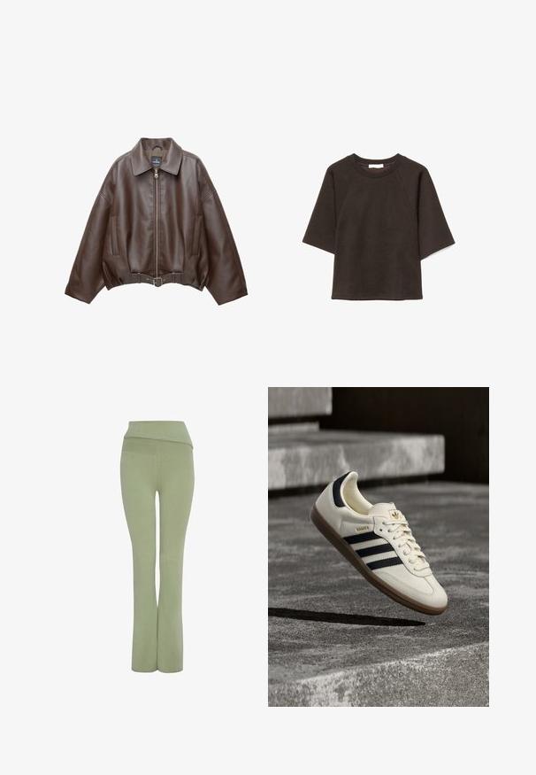 Braune, kurz geschnittene Jacke aus Kunstleder mit weitem Kragen, vorderem Reißverschluss, Seitentaschen und einem Taillengürtel. Glatte Textur, entspannte Passform.; Schwarzes Sweatshirt mit kurzen Ärmeln, Rundhalsausschnitt und lockerem Sitz, flach auf weißem Hintergrund dargestellt.; Grüne, enganliegende Hose mit weitem Bund und ausgestelltem Bein-Design. Weicher Stoff mit angenehmer Textur, entworfen für Komfort und Flexibilität.; Weißer Adidas Samba Sneaker mit schwarzen Streifen und Gummisohle, schwebend über strukturierten grauen Betontreppen.