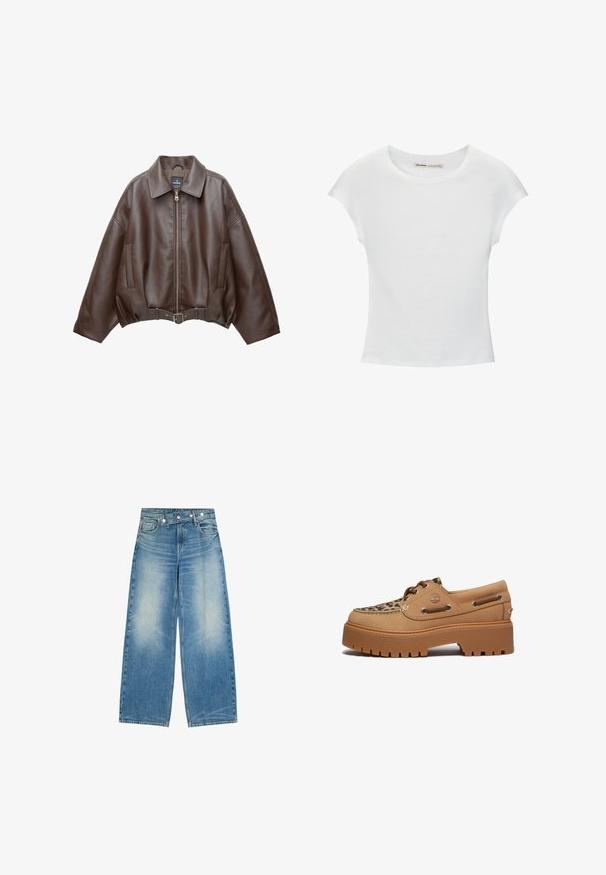 Bruine jack van imitatieleer, kort model, met een brede kraag, ritssluiting aan de voorkant, zijzakken en een tailleband met ceintuur. Gladde textuur, ontspannen pasvorm.; Witte katoenen T-shirt met korte, opgerolde mouwen, een ronde halslijn en een rechte zoom. Gladde textuur zonder zichtbare patronen of accenten.; Wijd uitlopende blauwe spijkerbroek met een vervaagde voorkant, voorzakken en een unieke diagonale knoopsluiting aan de tailleband.; Timberland STONE STREET - Bootschoenen - medium beige
