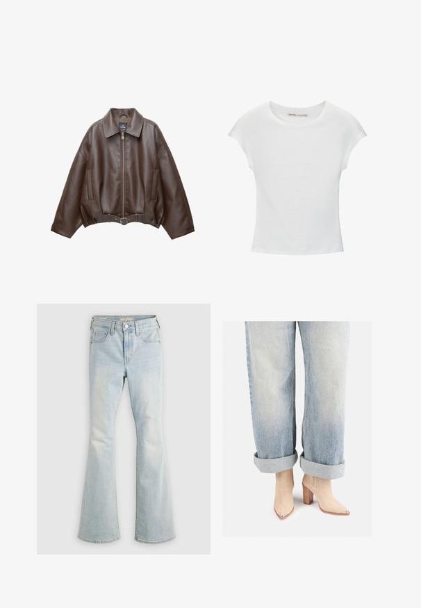 Braune, kurz geschnittene Jacke aus Kunstleder mit weitem Kragen, vorderem Reißverschluss, Seitentaschen und einem Taillengürtel. Glatte Textur, entspannte Passform.; Weißes Baumwoll-T-Shirt mit kurzen, aufgerollten Ärmeln, rundem Ausschnitt und geradem Saum. Glatte Textur ohne sichtbare Muster oder Akzente.; Hellblaue Jeans mit hoher Taille, Knopf- und Reißverschluss, Vorder- und Gesäßtaschen sowie leicht ausgestellten Beinen.; Beige Wildleder-Ankle-Boots mit einer spitzen Zehenpartie und metallicfarbenem Absatz, kombiniert mit hellblauen hochgekrempelten Jeans.