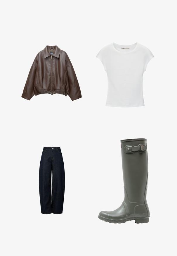 Braune, kurz geschnittene Jacke aus Kunstleder mit weitem Kragen, vorderem Reißverschluss, Seitentaschen und einem Taillengürtel. Glatte Textur, entspannte Passform.; Weißes Baumwoll-T-Shirt mit kurzen, aufgerollten Ärmeln, rundem Ausschnitt und geradem Saum. Glatte Textur ohne sichtbare Muster oder Akzente.; Hellebänder dunkelblaue Jeans mit weitem Bein und hoher Taille, versehen mit kontrastierendem orangefarbenem Nähen und einem Knopfverschluss auf der Vorderseite.; Grüne Gummiregenstiefel bis zum Knie mit strukturiertem Sohlenprofil, runder Zehenform, verstellbarem Schnallenverschluss an der Seite und glatter Oberfläche.