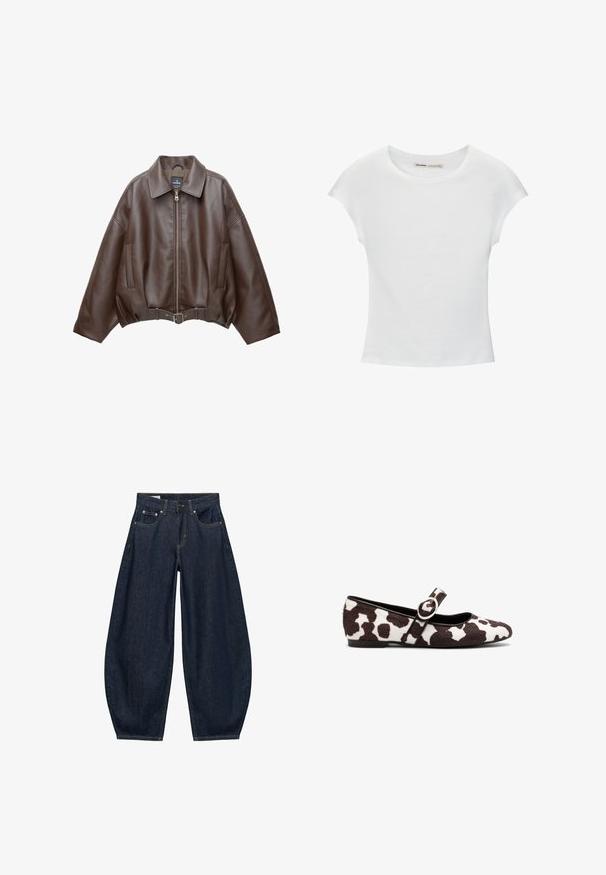 Braune, kurz geschnittene Jacke aus Kunstleder mit weitem Kragen, vorderem Reißverschluss, Seitentaschen und einem Taillengürtel. Glatte Textur, entspannte Passform.; Weißes Baumwoll-T-Shirt mit kurzen, aufgerollten Ärmeln, rundem Ausschnitt und geradem Saum. Glatte Textur ohne sichtbare Muster oder Akzente.; Dunkelblaue Jeans mit weitem Bein, vorderen Taschen, Gürtelschlaufen und Knopfverschluss in der Taille.; Ballettflats aus weißen und braunen Kuhfell mit rundem Zehenbereich und einem Riemen mit einer runden Schnallendetail. Flache Sohle.
