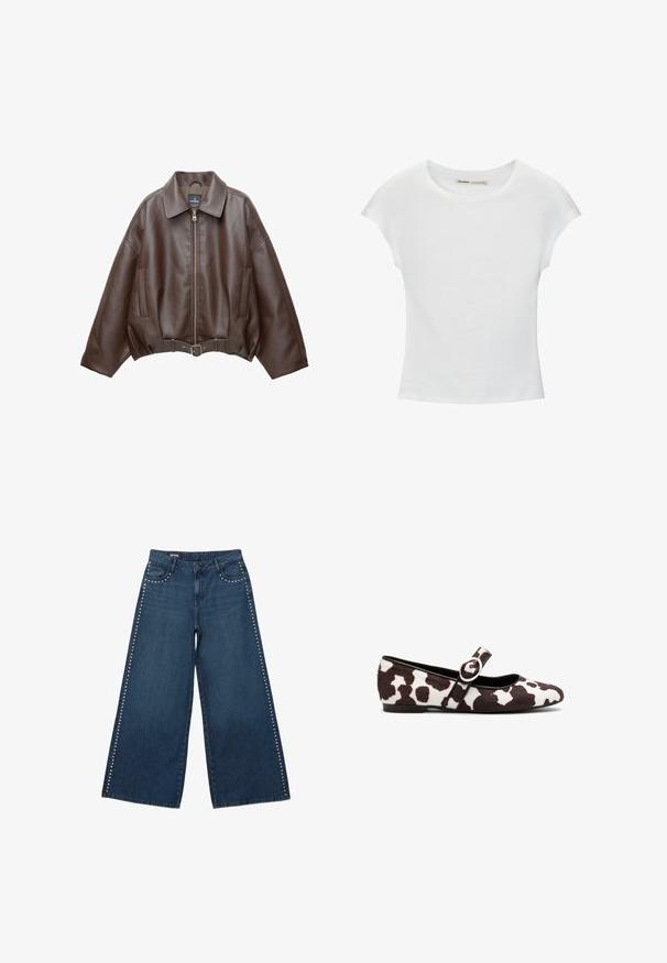 Braune, kurz geschnittene Jacke aus Kunstleder mit weitem Kragen, vorderem Reißverschluss, Seitentaschen und einem Taillengürtel. Glatte Textur, entspannte Passform.; Weißes Baumwoll-T-Shirt mit kurzen, aufgerollten Ärmeln, rundem Ausschnitt und geradem Saum. Glatte Textur ohne sichtbare Muster oder Akzente.; Dunkelblaue Jeans mit weitem Bein, silbernen Nieten, die die vorderen Taschen und Seitennaht umranden, Knopfverschluss und Gürtelschlaufen.; Ballettflats aus weißen und braunen Kuhfell mit rundem Zehenbereich und einem Riemen mit einer runden Schnallendetail. Flache Sohle.